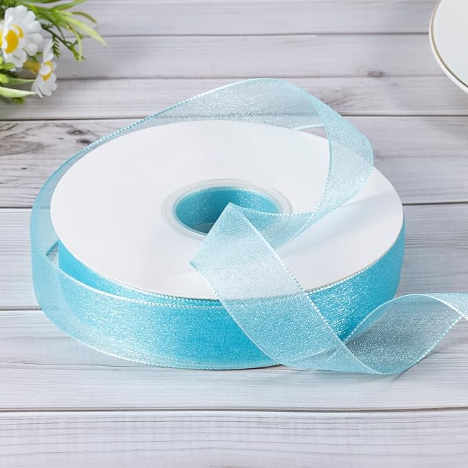 Sheer Organza Ribbon 1 Inch Chiffon Ribbons for Gift Wrapping, Flower Bouquet, 50 Yards/Roll (Blue)