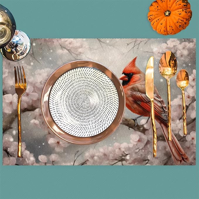 PVC Placemats Set of 4 Winter Red Cardinal Flower Wipeable Table Mats Washable Heat Resistant Non Slip Vinyl Dining Table Mat for Kithen Indoor Outdoor Patio Farmhouse Place Mats Decorative