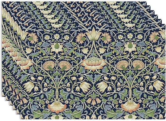 William Morris Flower Placemats Set of 6, Vintage Botanical Plant Place Mats, Heat Resistant Non Slip Cotton Linen Dining Table Mats for Home Kitchen Party 18x12 Inch