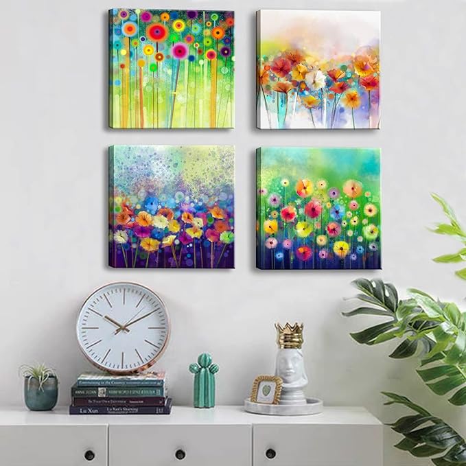 Flowers Bathroom Decor Canvas Wall Art, Colorful Floral Artwork Painting Prints Modern Pictures Framed for Bedroom Office Living Room Decorations - 12"x12"x4 panel