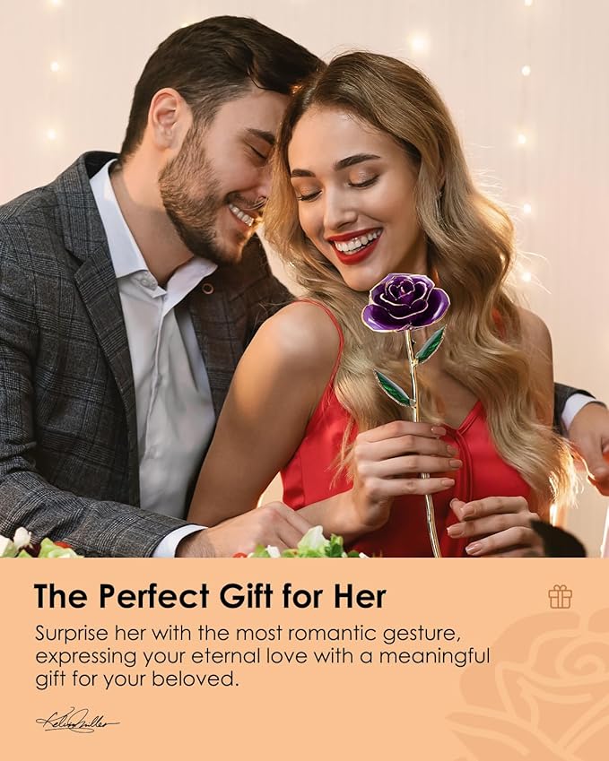 24K Gold Dipped Rose – Handpicked Real Rose in 24K Gold – Regal, One-of-a-Kind Romantic Gift for Her – Perfect for Birthday, Anniversary, Mother’s Day, Valentine’s (Purple)