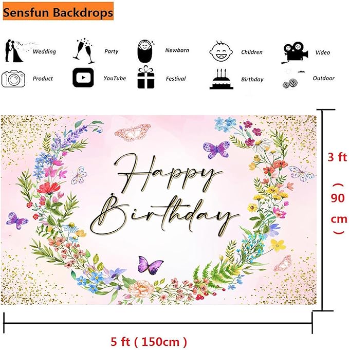 Sensfun Wildflower Happy Birthday Backdrop Banner Wild Flower Birthday Decorations,Spring Floral Butterfly Photography Background for Girls Wildflower One Birthday Party Decor Photo Booth Props 5x3ft
