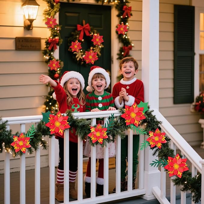 17PCS Christmas Paper Flower Wall Decoration Red Gold Poinsettia Large Flowers Artificial Christmas Flower Window Stickers Flower Window Wall Art Decals for Xmas Party, Living Room Door Xmas Tree