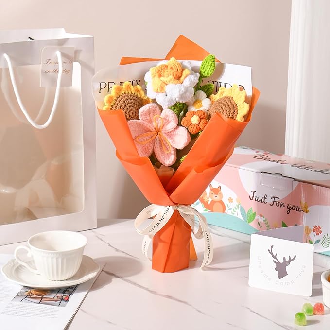 Crochet Flower Bouquet Handmade Crochet Flowers Gifts, Crochet Tulips Sunflowers Roses 7Pcs for Mothers Day Weddings Birthdays Home Decor Ideal for Women Moms Wife Friends(Orange)