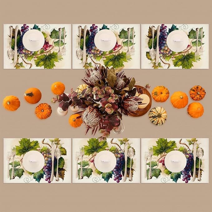 Fruit Grapes Purple Abstract Placemats Set of 6 PVC Vinyl Non Slip Table Mats Waterproof Heat Resistant Place Mats Washable Wipeable Dining Table Mat for Kitchen Party Indoor Outdoor Decorative