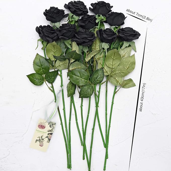 FiveSeasonStuff Fake Black Roses Wedding Flowers Real Touch Silk Artificial Flowers 12 Stems