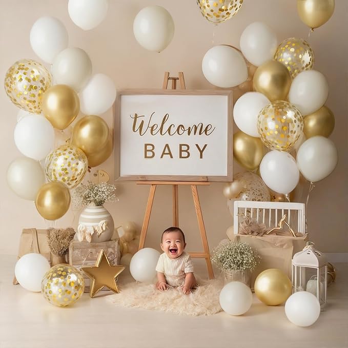 White and Gold Confetti Balloons, 50pcs 12 Inch Metallic Champagne Gold Latex Balloons Matte Sand Beige White Latex Balloons for Birthday Graduation Wedding Gender Revea Party Decorations