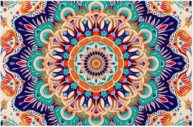 Ethnic Colorful Flower Mandala Placemats Set of 6 PVC Vinyl Non Slip Table Mats Waterproof Heat Resistant Place Mats Washable Wipeable Dining Table Mat for Kitchen Party Farmhouse Indoor Decorative