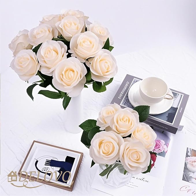 52pcs Champagne Roses Artificial Flowers Fake Flowers Silk Roses with Stems for DIY Wedding Bouquets Bridal Shower Centerpieces Arrangements Party Decorations