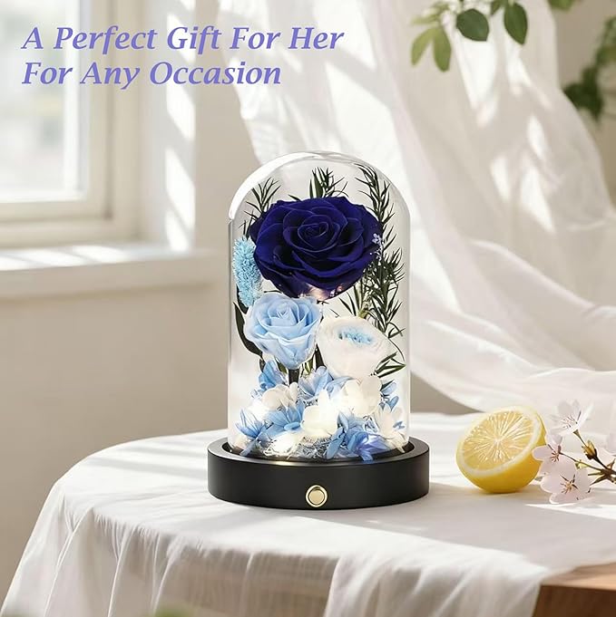 Eternal Roses, Preserved Flowers in Glass Dome, Long Lasting Roses Blue Forever Flowers for Delivery, Valentines Day Mothers Day Anniversary Birthday Gifts for Grandma Women Her Mom Girlfriend Wife