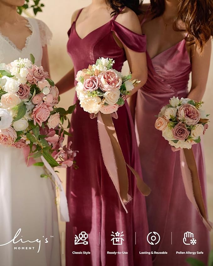 Ling's moment Artificial Flowers Pink Bridesmaid Bouquet Set of 4, Dusty Rose Wedding Flowers Bouquets for Bridesmaids, 7 Inch Bridal Bouquets for Bridesmaids, Wedding, Ceremony, Anniversary, etc