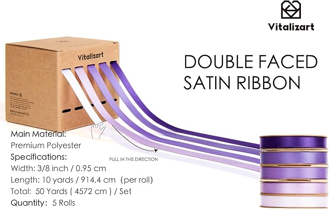 Vitalizart Purple Ribbons for Crafts 3/8" x 50 Yd Lavender Satin Ribbon Double Face Gift Wrapping Silk Like Fabric Flower Bouquet Birthday Party Decorations Bridal Shower Wreath Hair Continuous