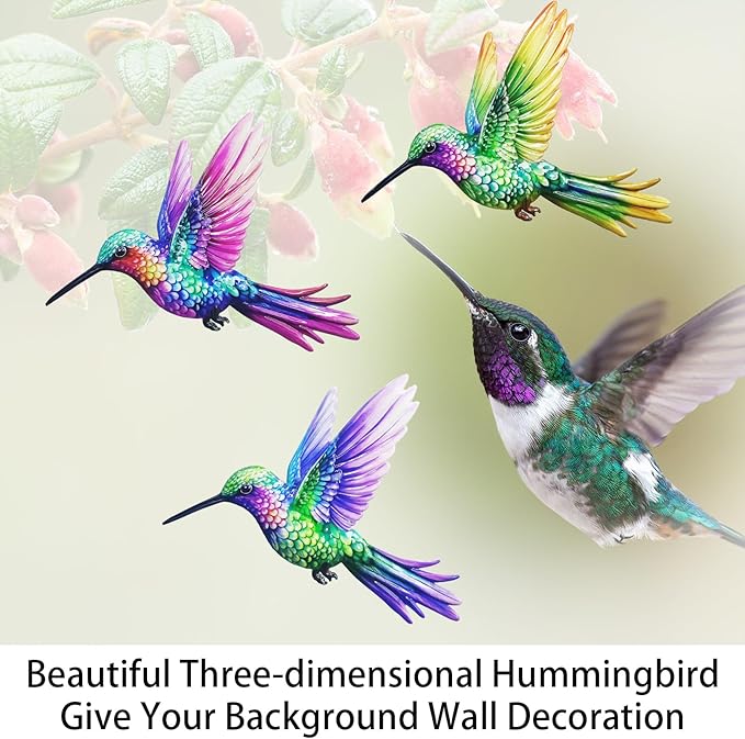 John's Studio 3Pcs Metal Hummingbird Wall Decor Outdoor Garden Hanging Art Sculptures Home Theme Decorations for Kitchen Bathroom and Pool