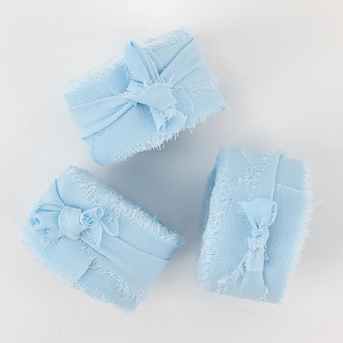 MEEDEE Light Blue Chiffon Ribbon 1 Inch Fringe Ribbons Baby Blue Chiffon Silk Frayed Edge Ribbon Thin Chiffon Ribbons for Crafts, Gift Wrapping, Wedding Invitation (3 Rolls 21 Yards)