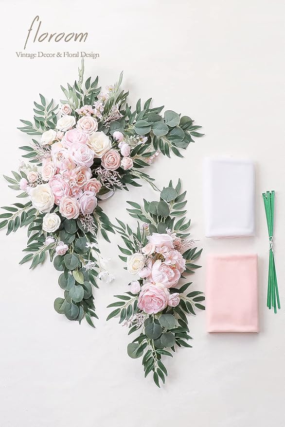 Floroom Arch Flowers with Drapes Kit (Pack of 4) - 2pcs Artificial Blush Pink Floral Swag Arrangement with 2pcs Draping Fabric for Wedding Ceremony Arbor and Reception Backdrop Decoration