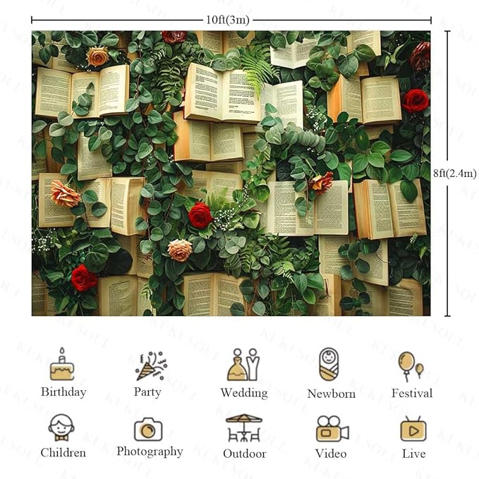 10x8FT Book Flowers Photo Backdrop Vintage Books Page Red Rose Flowers Weeding Background for Birthday Wedding Party Portrait Decoration Supplies Photo Booth Props KUBDJ1002