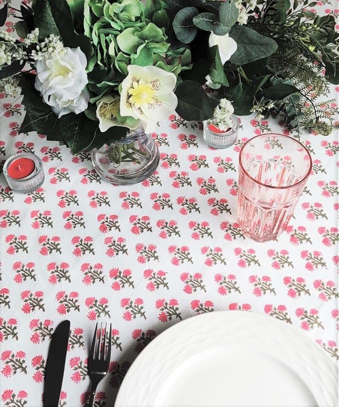 ATOSII Gulbahar White Pink 100% Cotton Fall Rectangle Tablecloth, Handblock Print Floral Table Cloth for Kitchen Dining Linen I Thanksgiving Christmas Weddings Outdoors I 72 X 108 Inches I 8 Seater