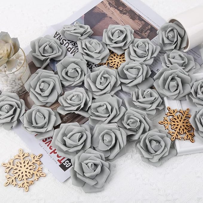 Artificial Rose Flower Heads, 100pcs Gray Roses Artificial Flower Foam Rose for DIY Wedding Bouquets Centerpieces Arrangements Party Baby Shower Home Decor (Stemless,Gray)