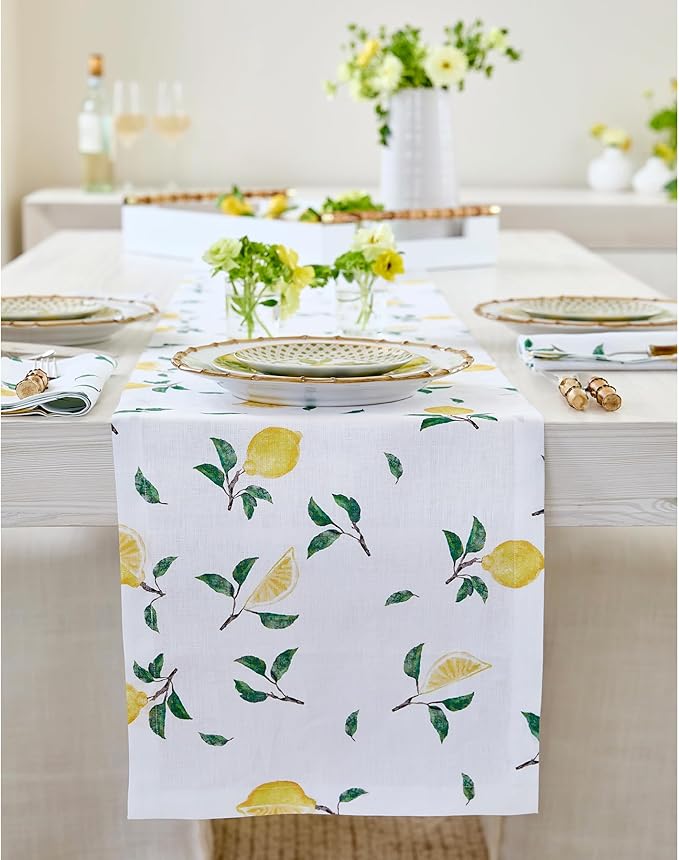 Solino Home Lemon Print Table Runner 72 Inches Long - 100% Pure Linen Table Runner 14 x 72 Inch - Machine Washable - Botanical Lemon/White Print