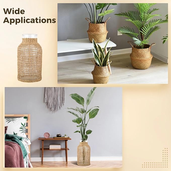 Rattan Glass Vase, 8 in Woven Vase, Glass Vase Wrapped with Wicker, Indoor and Outdoor Use, Rustic Style, Ideal for Home Decor