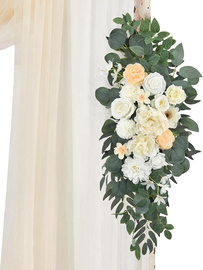 Artificial Wedding Arch Flowers Kit Pack of 5,2pcs Floral Swag Arrangement and 3pcs Fabric Drap for Wedding Ceremony Reception and Backdrop (Champagne and White)