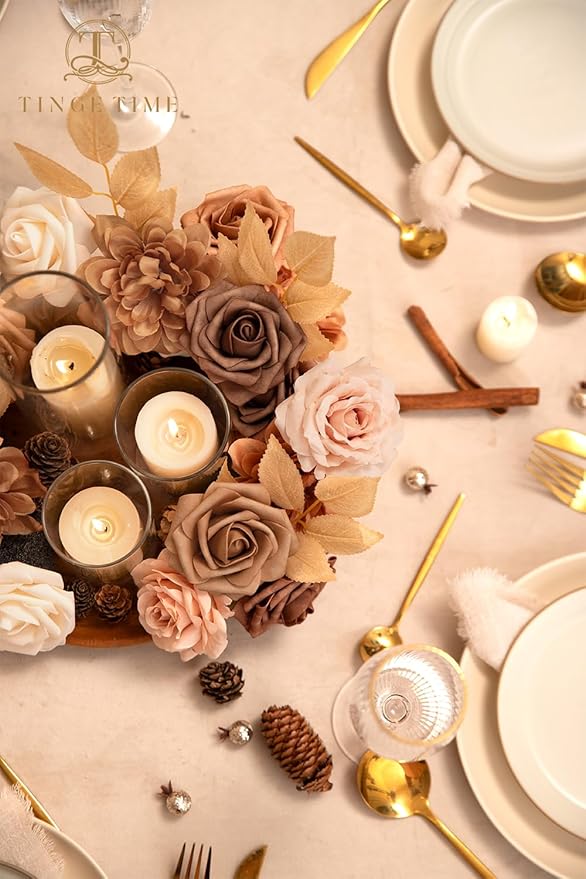 TINGE TIME Artificial Flowers Combo Set, Gradient Color Flower Leaf with Stems for DIY Wedding Bouquets Centerpieces Baby Shower Party Home Decorations(Dark Milk Tea)