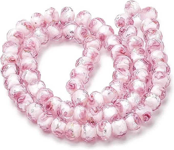 PH PandaHall 70pcs 6~8mm Rose Lampwork Beads Silver Foil Glass Beads Flower Glass Beads Floral Handmade Lampwork Beads Round Loose Beads for Rosary Making Jewelry Craft Making 2mm Hole - Sliver Pink