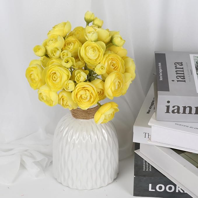 IPOPU Artificial Ranunculus 2 Bouquets Small Yellow Artificial Flowers 12PCS Faux Ranunculus Flowers for Vase Filler Bouquet Wedding Decor Bridal Shower Floral Filler Flowers Centerpieces (Yellow)
