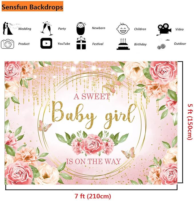 Sensfun Pink Floral Baby Girl Baby Shower Backdrop Banner Decorations Glitter Gold It's a Sweet Girl Banner Sign Photography Background for Girls Baby Shower Party Supplies Photo Booth Props 7x5ft