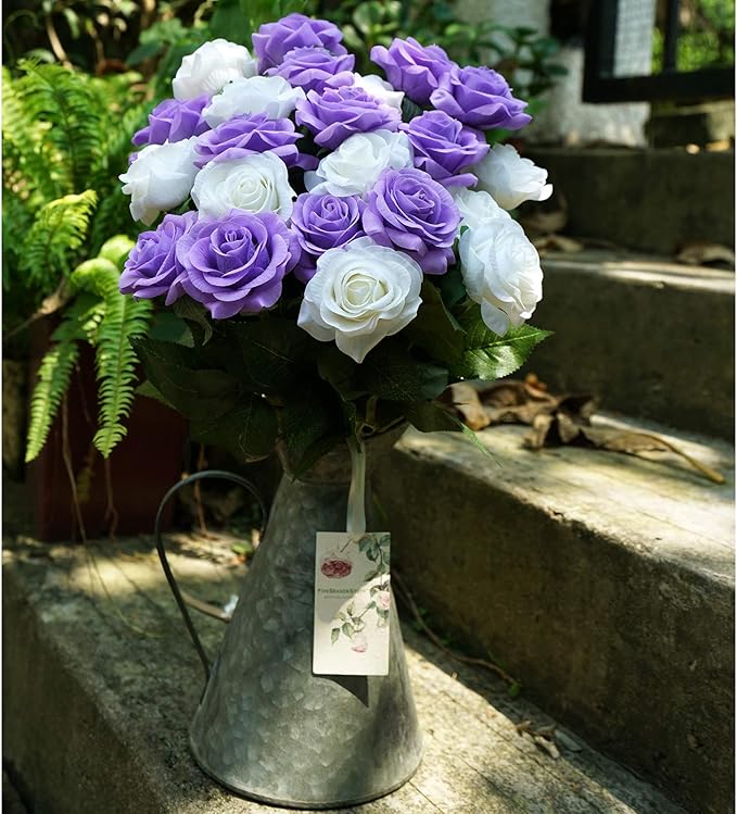 FiveSeasonStuff 12 Stems Artificial Flowers Real Touch Silk Roses for Wedding Decoration Bridal Bouquets Table Centerpieces Party Shower, Packed in Box (Eternal Purple)