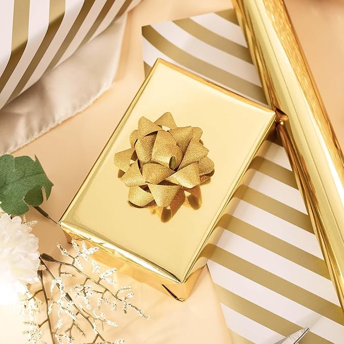 Merture Reversible Gold Wrapping Paper Roll - 17 In X 32.8 Ft(46.5 sq.ft.) Metallic Gold and Stripe Design Gift Wrap for Christmas, Wedding, Birthday, Valentines Day, Mothers Day, Baby Shower