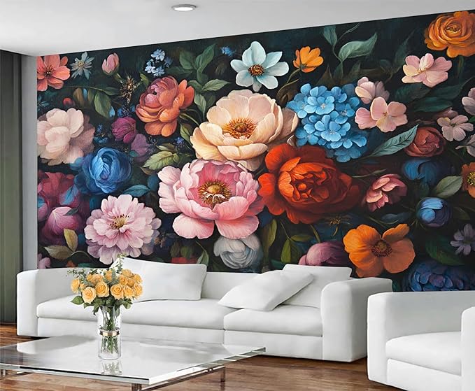 Vintage Peony Floral Wall Mural, Oil Painting Dutch Flower 3D Wall Murals, Romantic Dark Botanical Wallpaper Mural, for Living Room Bedroom Large Wallpaper Indoor Decor 137.8" W x100 H