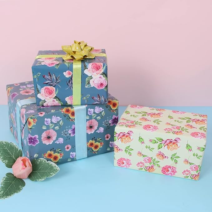 Aimyoo Ivory Floral Wrapping Paper Roll 17 in x 10 ft, Vintage Rose Flower Gift Wrap for Wedding Bridal Shower Women Birthday