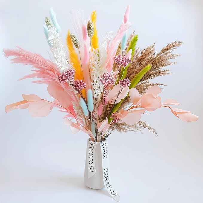 Pastel Dream Dried Flower Bouquet (No Vase) | 17'' Mini Floral Arrangement with Pink Pampas, Bunny Tail, Reed Grass & More Natural Dried Flowers – Home Wedding Decor Centerpiece