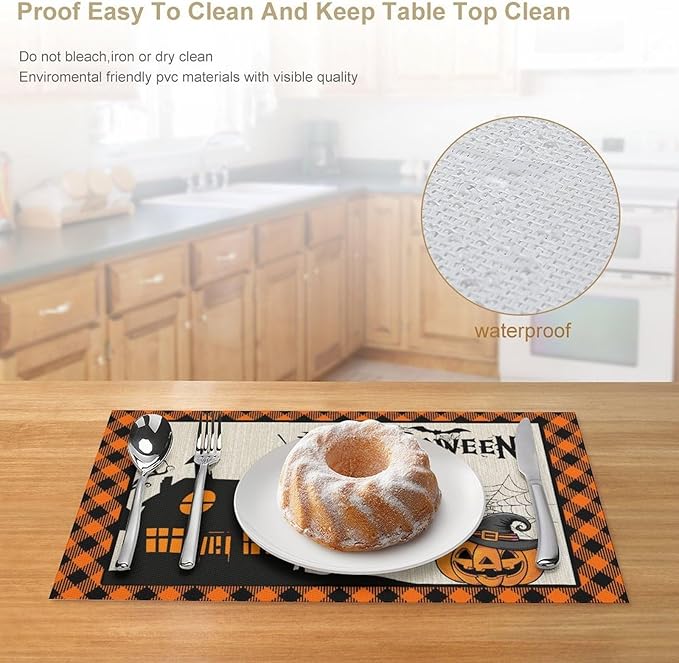 Halloween Placemats Cartoon Retro Funny Horror Castle Spider Web Magic Witch Pumpkin Bat Pumpkin Placemats Table Kitchen Dining Party 12x18 Inch Set of 6