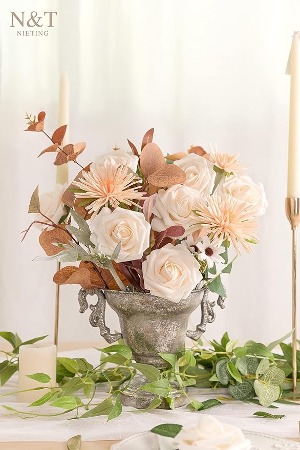 N&T NIETING Roses Artificial Flowers, 50pcs Fake Flowers Foam Roses for DIY Wedding Bridal Bouquet Baby Shower Party Cake Wall Decoration, Cream