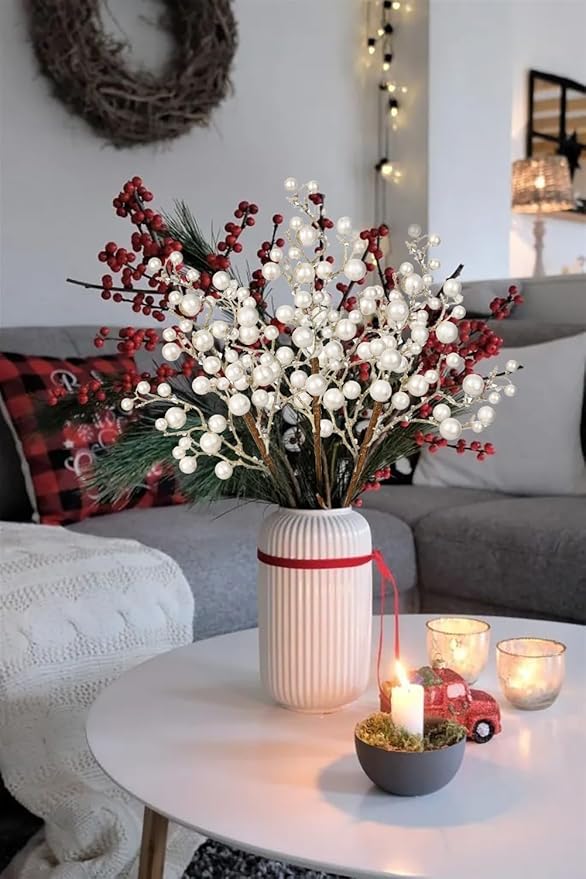 Hollyone 4 Pack Artificial Christmas Glitter Berries Stems, 19 Inch Fake White Holly Berry Picks with Ice Snow for Christmas Tree Wreath Floral Arrangements Holiday Home Vase DIY Crafts Decor