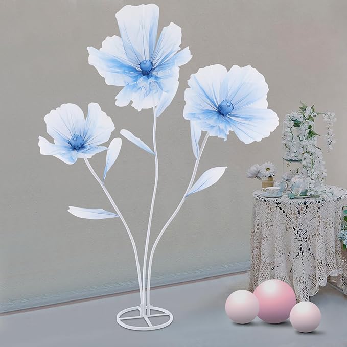Giant Flowers for Decoration, Wedding Reception Essential, Large Artificial Silk Flower Set, 3-Head Giant Fake Flowers with Standing Stems and Base, 5.6ft Tall for Wedding & Home Decor (Blue)