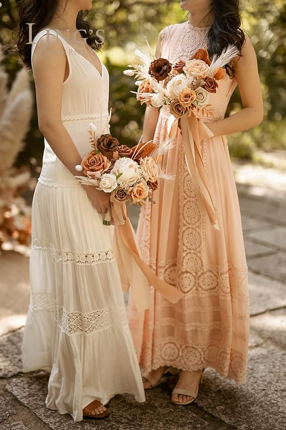 Ling's moment Wedding Artificial Flowers Package, Bridal Bouquet, Bridesmaid Bouquets, Boutonniere for Men, Rose Petals.Boho Dried Rustic Orange