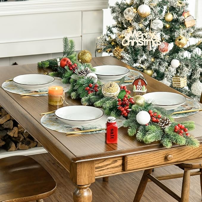 Artoid Mode Watercolor Deer Trees Snowflakes Christmas Round Placemats Set of 6, 14 Inch Winter Round Table Mats for Dining Decoration