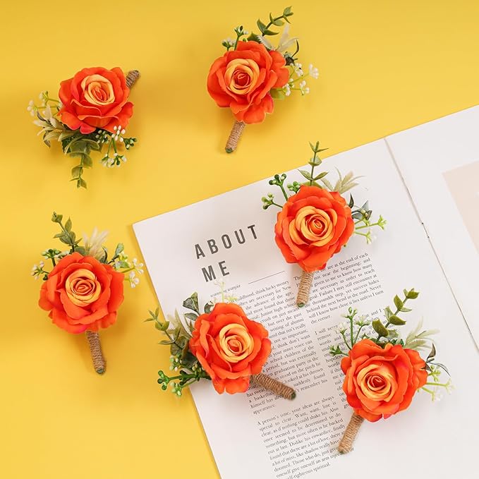 Burnt Orange Rose Boutonniere for Men Wedding Set of 6 Groom Groomsmen Best Man Artificial Flowers Boutonniere for Wedding Ceremony Anniversary Prom Flowers Formal Dinner Party (Orange)