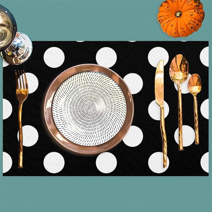Black White Polka Dot Placemats Set of 1 PVC Vinyl Non Slip Table Mats Waterproof Heat Resistant Place Mats Washable Wipeable Dining Table Mat for Kitchen Party Farmhouse Indoor Outdoor Decorative