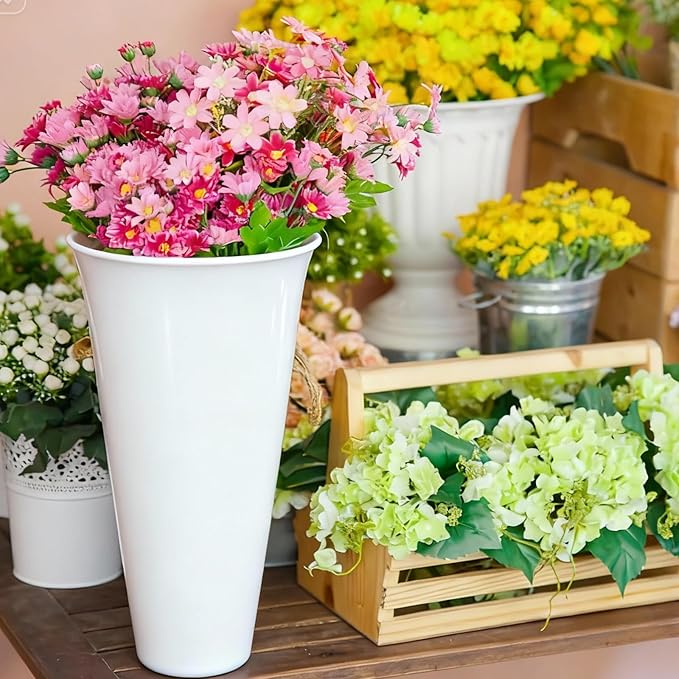 24 Pack Flower Buckets 9.84 Inch Plastic Flower Vases, Decorative Flower Buckets for Flower Bar, Modern Round Vases for Centerpieces Floral Display, Table Home Wedding Decorations (White)