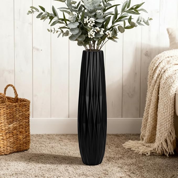 Tall Black Floor Vase – 28" Twisted Geometric Ceramic Vase for Modern Home, Living Room, Table Centerpiece or Corner Decoration