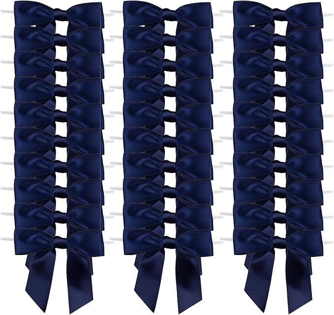 7Rainbows 30pcs Boutique 2.5" Navy Blue Satin Ribbon Twist Tie Bows for Tying Up Packages Gift Wrapping