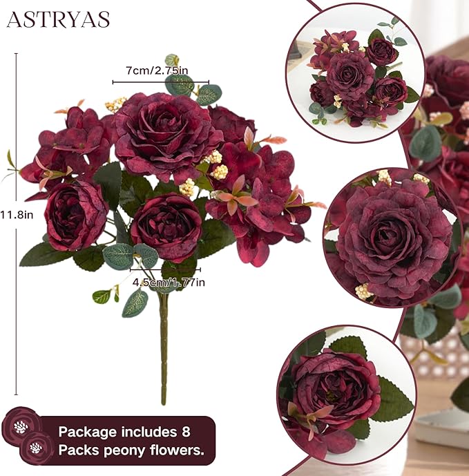 ASTRYAS 8Pcs Artificial Peonies Silk Flowers Fake Peony Bouquet Faux Peonies Flowers Bulk for Decoration Vase Florals Arrangements Wedding Home Party Table - Burgundy Red