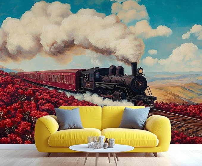Vintage Train Wall Mural, Steam Engine Landscape 3D Wall Murals, Train Through Flower Field Wallpaper Mural, for Living Room Bedroom Large Wallpaper Indoor Decor 157.5" W x110.3 H