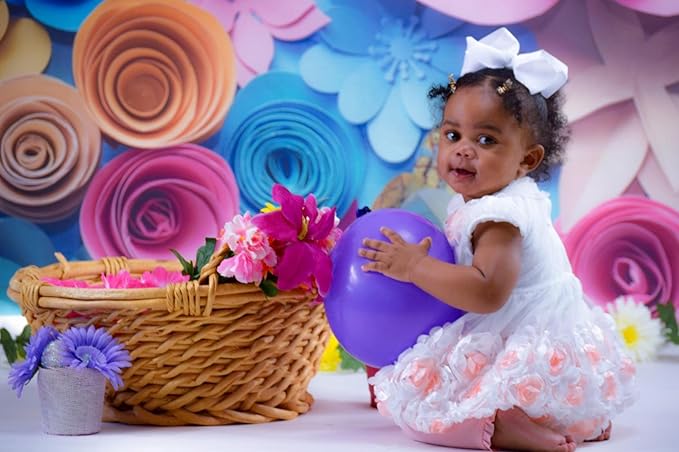 Colorful Flowers Paper Wall Photography Background 8x6FT Lovely Style Champagne Blue Pink Blossoming Flower Backdrops Portraits Shooting Video Studio Props