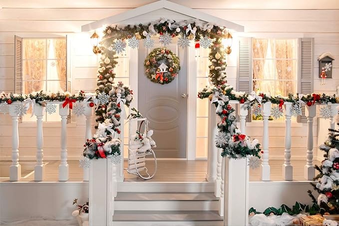 RECUTMS 40 Piece Glitter Snowflake Plastic Ornaments - Silver & White, 4 Inch Snowflake Hanging Decorations for Christmas Tree