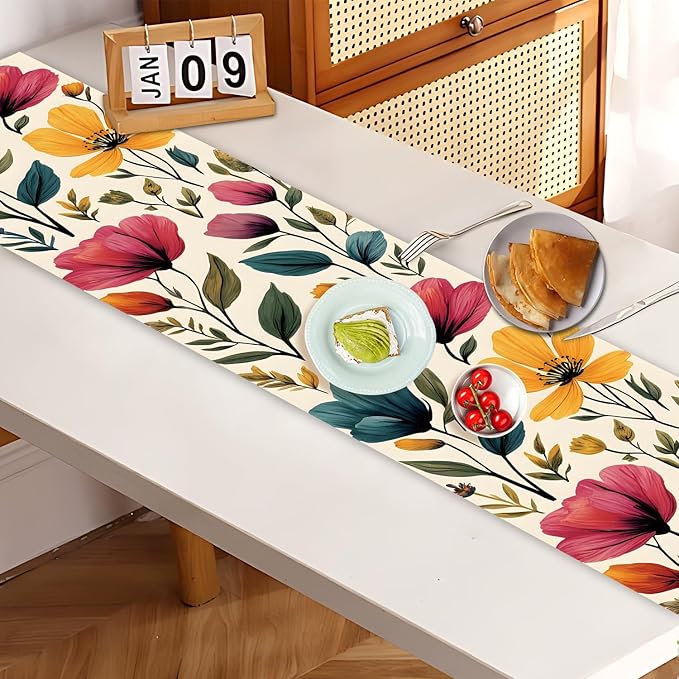 Watercolor Floral Table Runner – Elegant Red, Blue & Purple Blooms on Beige, 13x72 Inch Linen-Look Fabric for Dining Table, Kitchen, Spring & Summer Home Decor, Everyday Use